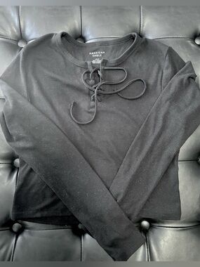 American Eagle Black Ribbed Lace-Up Long Sleeve Top